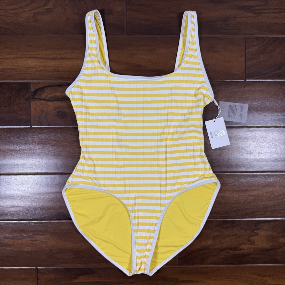 Solid & Striped Size XL Yellow Lemon Stripe Ribbed Anne Marie One Piece Swimsuit